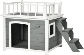 PawHut Kutyaház Erkélyes, Emelt Állású Kutyaház Lépcsővel, Ablakkal, Kiskutya és Nagykutya Barlang, Fenyőfából, Világosszürke, 121 x 77 x 78 cm | Aoso