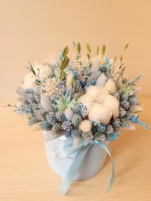 Kék FlowerBox szárított virágok, pamut csokor dobozban