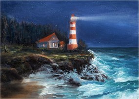 Kép - világítótorony az óceán partján, akvarell (üvegen) (70x50 cm)