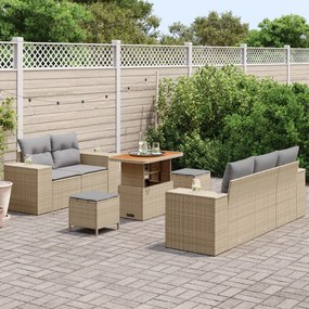 8 Részes Kerti Kanapé Szett Párnákkal Bézs Poly Rattan Akác, 3 Részes Kerti Étkező Szett Párnákkal Bézs Poly Rattan Akác