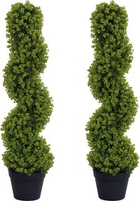 HOMCOM 2 darabos Műanyag Spirál Boxtree, 90 cm-es Benti Növény, UV-védelemmel ellátott Műnövény, Nagy Dekoratív Növény Földedényben Otthonra, Irodába,