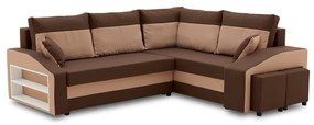 Grande sarokkanapé polcokkal és puffokkal , polc a bal karfaban puffok a jobb karfaban, jobboldali, szövet anyag, bonell töltet, barna