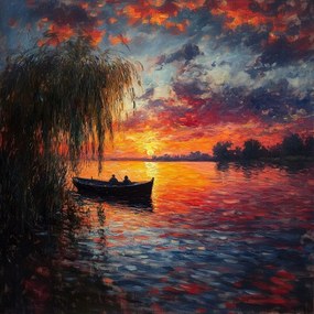 Vászonkép Canvas Tájkép Tó Csónak Halász Naplemente 40x40