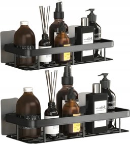 Szett 2 Db Fürdőszoba Polc Akasztós Fém Öntapadós Fekete Loft