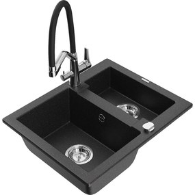Mexen Carlos 1,5-medencés gránit mosogató Duo konyhai csapteleppel, fekete/ezüst metál - 6518-73-671701-07