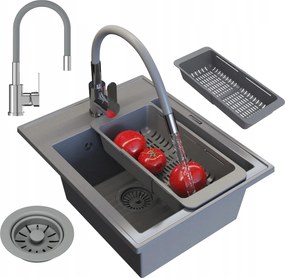 Gránit Mosogató Egymedencés Nero Szürke Mosogató Csaptelep Szifon Kosár