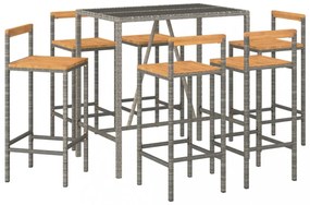 7 részes szürke polyrattan és tömör akácfa kerti bárszett