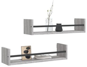 2 db szürke sonoma színű fali polc rúddal 60 x 16 x 14 cm