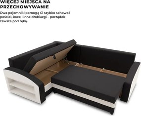 Grande sarokkanapé polcokkal , polc a bal karfaban, baloldali, szövet anyag, bonell töltet, fekete - fehér