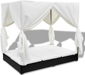 vidaXL fekete polyrattan napozóágy függönyökkel