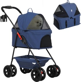 PawHut Összecsukható 3 az 1-ben Kutya Babakocsi Kiskutyák számára Tárolókosárral Hálóablakkal Pohártartókkal és 2 Univerzális Kerekekkel 76x50x102 cm