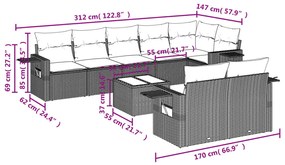 9-részes szürke polyrattan kerti ülőgarnitúra párnákkal