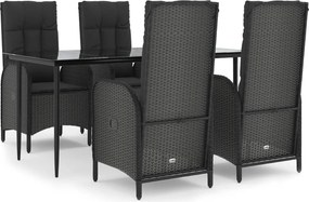 vidaXL 5 részes fekete polyrattan kerti étkezőgarnitúra párnákkal