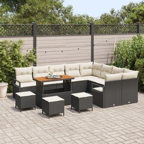 13 darabos Kerti Sofa Szett Párnák nélkül Fekete Polirattan Akác, 4 darabos Kerti Étkező Szett Párnák nélkül Fekete Polirattan Akác, 2-Fős Kerti Sofa Párnák nélkül Fekete Polirattan