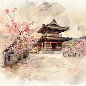 Vászonkép Canvas Japán Virágzó Templom Cseresznye Akvarell 80x80
