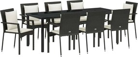 vidaXL Kert étkező szett párnával 9 pcs Fekete polirattan
