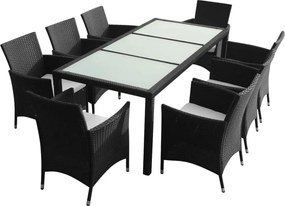 vidaXL 9-részes fekete polyrattan kültéri étkezőszett párnákkal