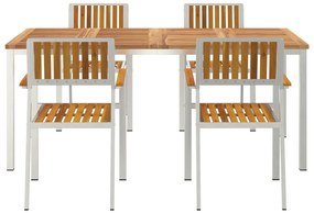 5 darabos kert étkező szett tömör akácfa, kültéri étkező asztal 180x90x75 cm tömör akácfából, rakásolható kert székek 4 db tömör akácfa és fém
