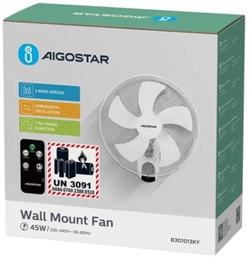 Aigostar -  Fali ventilátor 45W/230V fehér + távirányító