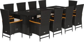 vidaXL 11 részes fekete polyrattan kerti étkezőgarnitúra párnákkal