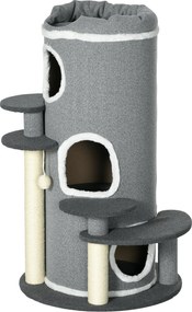 PawHut 99 cm macska fa 3 búvóhellyel, játékgolyóval, jutaoszlopokkal, platformmal, többszintes kaparófával, mászó fával közepes macskák számára, szürk