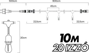 Kültéri fényfüzér kerti égősor girland 10m + 20db színes parti izzó | Sorolható IP44 E27
