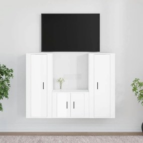 3 részes magasfényű fehér szerelt fa TV-szekrényszett