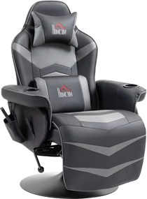 HOMCOM Gamer szék, masszázs funkció, dönthető háttámla, lábtartó, 120 kg-ig, acél keret, műbőr, szürke