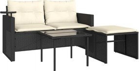 vidaXL 3 részes fekete polyrattan kerti ülőgarnitúra párnával