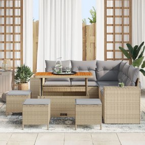 9 Darabos Kert Sofa Készlet Párnákkal Bézs Poli Rattan Akácia, 4 Darabos Kert Étkező Készlet Párnákkal Bézs Poli Rattan Akácia