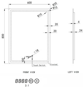 Tükör LED világítással 60x80cm | Páramentesítő funkció | Beépített óra | Fényerő és színhőmérséklet szabályozás | Welland Type-2V