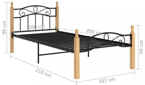 fekete fém és tömör tölgyfa ágykeret 100 x 200 cm