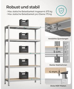 Ötszintes polcrendszer, acél polcrendszer tároláshoz, teherbírás 875 kg, 60 x 120 x 200 cm, ezüst
