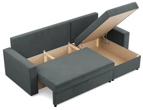 Zeus sarokkanapé, 1 ágyneműtartóval, egyenes kartámasz, bársony, univerzális oldal, hab töltet, szürke