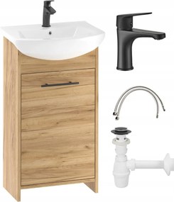 Fürdőszobaszekrény szett tölgy arany 45cm mosdóval fekete csapteleppel és szifonnal