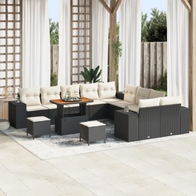 13 Darabos Kert Sofa Szett Párnákkal Fekete Poli Rattan Akácia, 3 Darabos Kert Étkező Szett Párnákkal Fekete Poli Rattan Akácia
