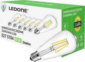 6x Led izzó filament E27 ST64 6W fehér Hideg retro Clear Led szett