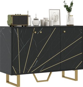 HOMCOM Modern Oldalpolc Nappali Oldalpolc 2 Ajtóval és Állítható Polccal, Kiegészítő Bútor Nappaliba Márvány Hatással, Anti-Billenés 107x35x75 cm Feke