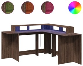 barna tölgy színű szerelt fa íróasztal LED-ekkel 152x152x91 cm