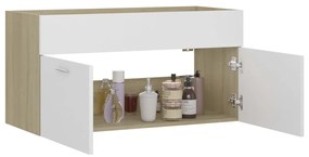 Fehér és sonoma tölgy szerelt fa mosdószekrény 90x38,5x46 cm