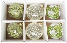 Karácsonyi üveg gömb dísz levél mintás, pöttyös 8 cm 6 db szett átlátszó, zöld