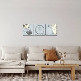 Kép - léggömbök a város felett, hűvös tónusok (órával) (90x30 cm)