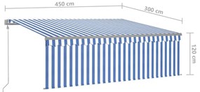 kék és fehér redőnyös, szélérzékelős, LED-es napellenző 4,5x3 m