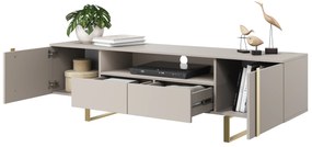 Verica 200 cm-es TV-szekrény nyitott polccal - kasmír / arany lábak