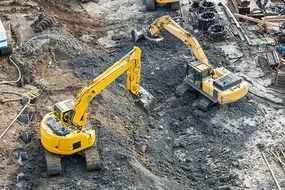 Illusztráció Aerial view of diggers at construction site, Don Mason