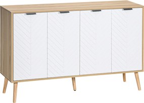 HOMCOM Konyha Oldalszekrény 4 Heringmintás Ajtóval - Fa Lábakkal és Állítható Polcokkal, Buffet Szekrény Étkezőbe és Nappaliba 120x35x77,4 cm Fehér és