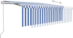 Kék és fehér redőnyös, szélérzékelős, LED-es napellenző 4,5x3 m