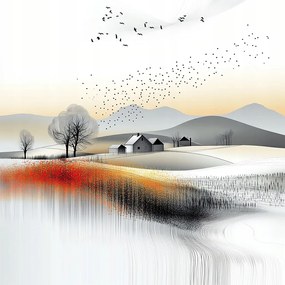 Vászonkép Canvas Tájkép Hegyek Dombok Falu Mezők Virágok Madarak 40x40