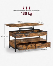 VASAGLE felnyitható dohányzóasztal 2 fiókkal, 3 rejtett rekesszel és polccal, 100 x 50 x 48–63 cm, rusztikus barna/tintafekete