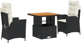 vidaXL 3 részes fekete polyrattan kerti étkezőgarnitúra párnákkal